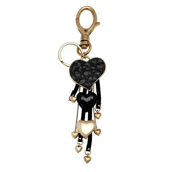 Pilgrim Goldtone and Black Leatherette Heart Charm Key Chain - Picture 1 of 3